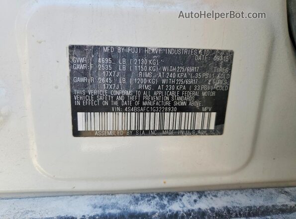 4S4BSAFC1G3228930 2016 SUBARU OUTBACK Белый Вид наклейки с VIN-кодом