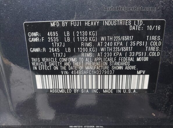 4S4BSAFC1H3279037 2017 SUBARU OUTBACK Blue Vista del compartimento del motor
