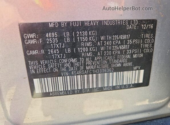 4S4BSAFC1H3316362 2017 SUBARU OUTBACK Серебряный Вид наклейки с VIN-кодом
