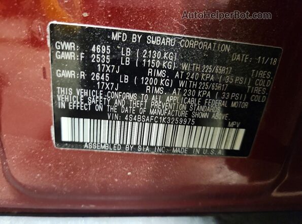 4S4BSAFC1K3259975 2019 SUBARU OUTBACK Red Widok komory silnika