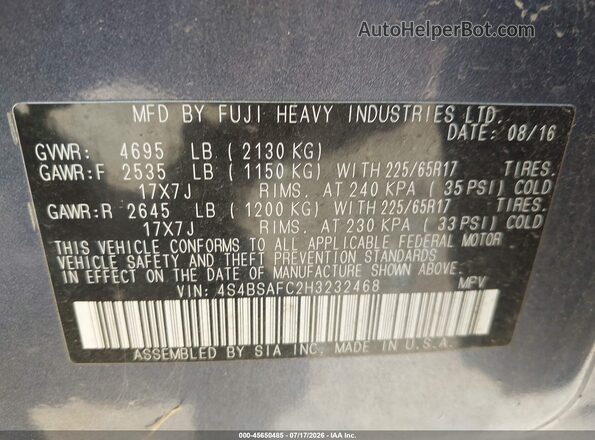 4S4BSAFC2H3232468 2017 SUBARU OUTBACK Blue Widok komory silnika