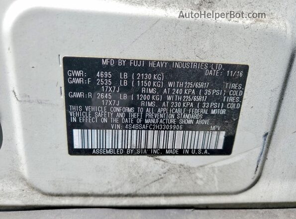 4S4BSAFC2H3309906 2017 SUBARU OUTBACK White Widok naklejki z numerem VIN