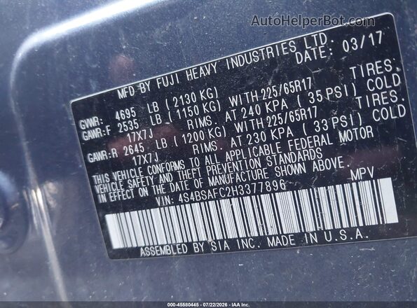 4S4BSAFC2H3377896 2017 SUBARU OUTBACK Blue Շարժիչի բաժամունքի տեսք