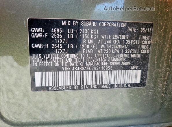 4S4BSAFC2H3416955 2017 SUBARU OUTBACK Green Vista de la etiqueta del VIN