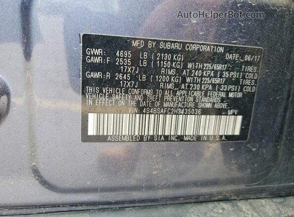4S4BSAFC2H3435036 2017 SUBARU OUTBACK Charcoal Вид наклейки з VIN-кодом