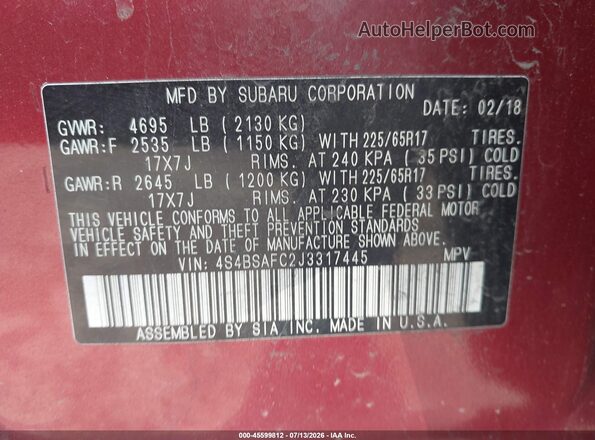 4S4BSAFC2J3317445 2018 SUBARU OUTBACK Burgundy Vista del compartimento del motor