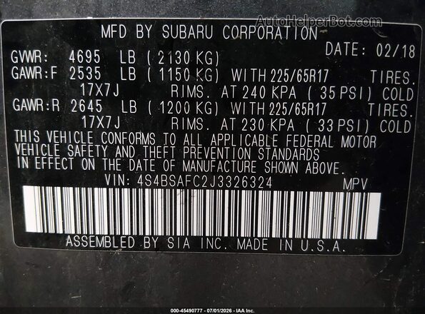 4S4BSAFC2J3326324 2018 SUBARU OUTBACK Серый Вид подкапотного пространства