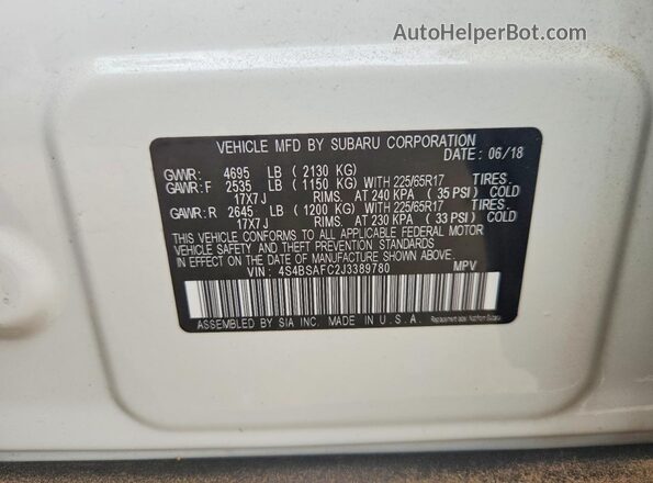 4S4BSAFC2J3389780 2018 SUBARU OUTBACK Белый Вид подкапотного пространства