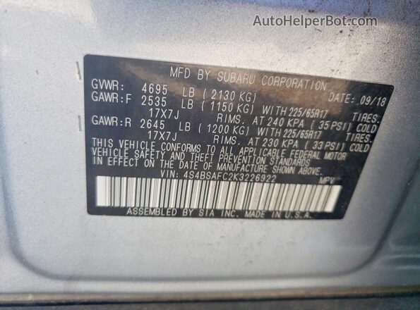 4S4BSAFC2K3226922 2019 SUBARU OUTBACK Silver Widok naklejki z numerem VIN