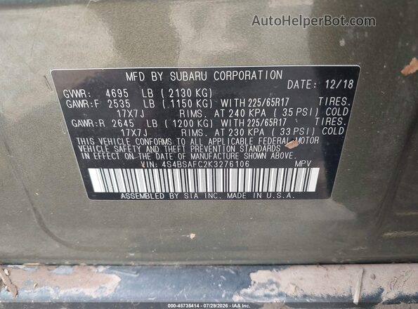 4S4BSAFC2K3276106 2019 SUBARU OUTBACK Green ძრავის განყოფილების ხედი
