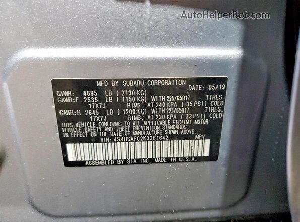 4S4BSAFC2K3361642 2019 SUBARU OUTBACK Blue Widok naklejki z numerem VIN