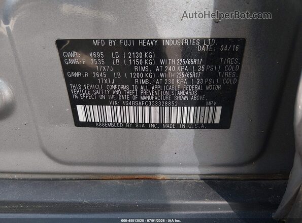 4S4BSAFC3G3328852 2016 SUBARU OUTBACK Silver Vista de los asientos traseros