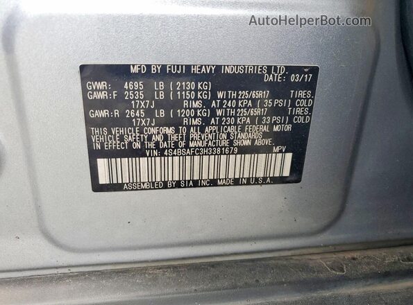 4S4BSAFC3H3381679 2017 SUBARU OUTBACK Серебряный Вид подкапотного пространства