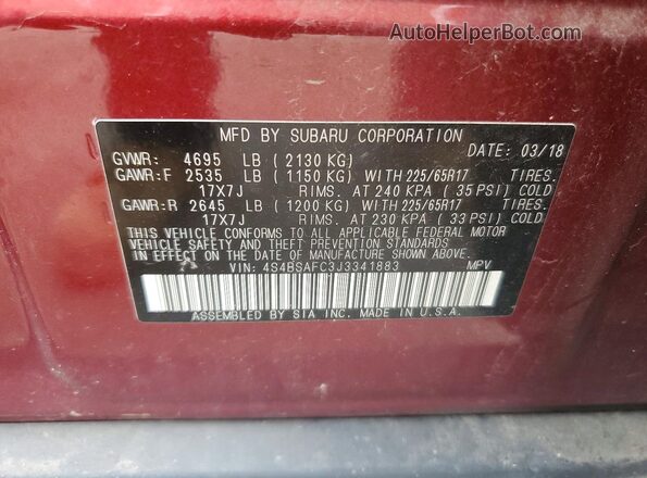 4S4BSAFC3J3341883 2018 SUBARU OUTBACK Red Vista de la etiqueta del VIN