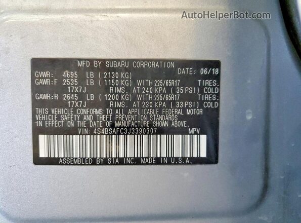 4S4BSAFC3J3390307 2018 SUBARU OUTBACK Серебряный Вид наклейки с VIN-кодом