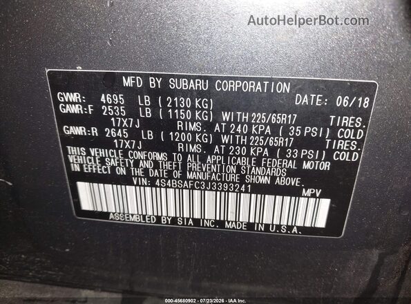 4S4BSAFC3J3393241 2018 SUBARU OUTBACK Gray Շարժիչի բաժամունքի տեսք