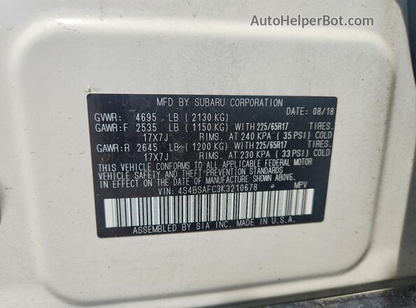 4S4BSAFC3K3210678 2019 SUBARU OUTBACK White VIN კოდის სტიკერის ხედი