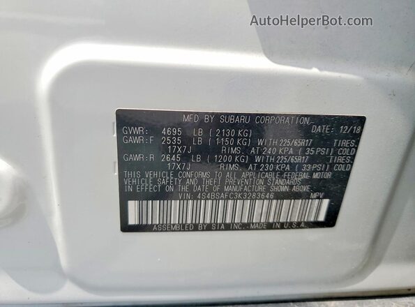 4S4BSAFC3K3283646 2019 SUBARU OUTBACK White VIN კოდის სტიკერის ხედი