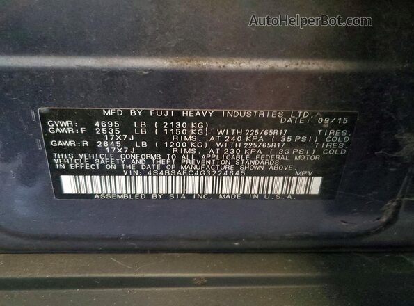 4S4BSAFC4G3224645 2016 SUBARU OUTBACK Gray Вид наклейки з VIN-кодом