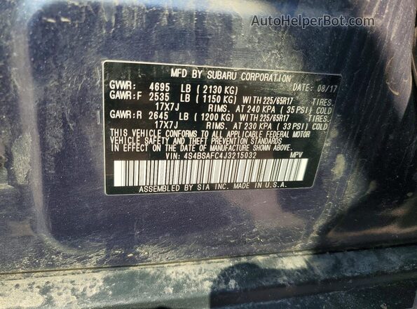 4S4BSAFC4J3215032 2018 SUBARU OUTBACK Blue Շարժիչի բաժամունքի տեսք