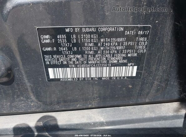 4S4BSAFC4J3235619 2018 SUBARU OUTBACK Gray Вид підкапотного простору