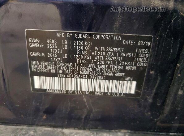 4S4BSAFC4J3328091 2018 SUBARU OUTBACK Blue VIN კოდის სტიკერის ხედი