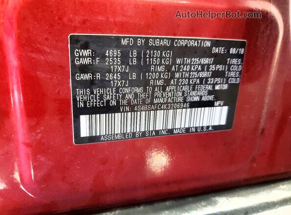 4S4BSAFC4K3206946 2019 SUBARU OUTBACK Maroon Engine compartment view