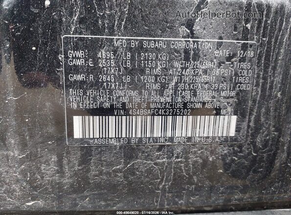 4S4BSAFC4K3275202 2019 SUBARU OUTBACK Black Engine compartment view