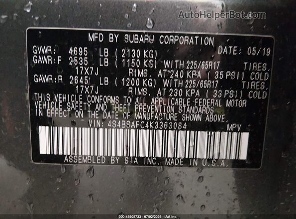 4S4BSAFC4K3363084 2019 SUBARU OUTBACK Gray Շարժիչի բաժամունքի տեսք