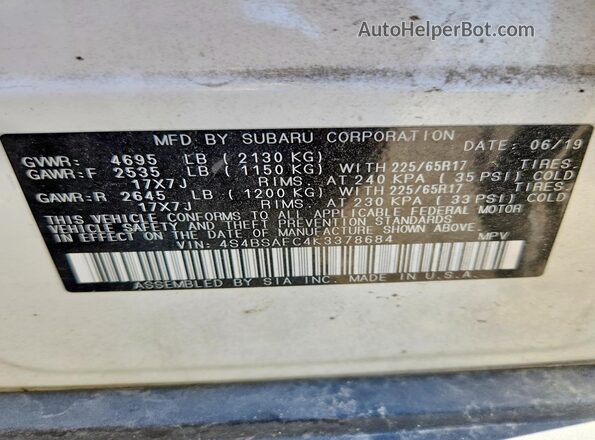 4S4BSAFC4K3378684 2019 SUBARU OUTBACK White VIN կոդի պիտակի տեսք