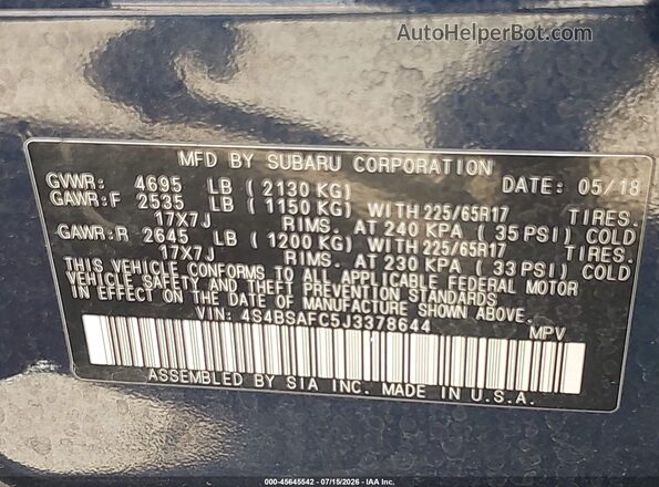 4S4BSAFC5J3378644 2018 SUBARU OUTBACK Blue Vista del compartimento del motor