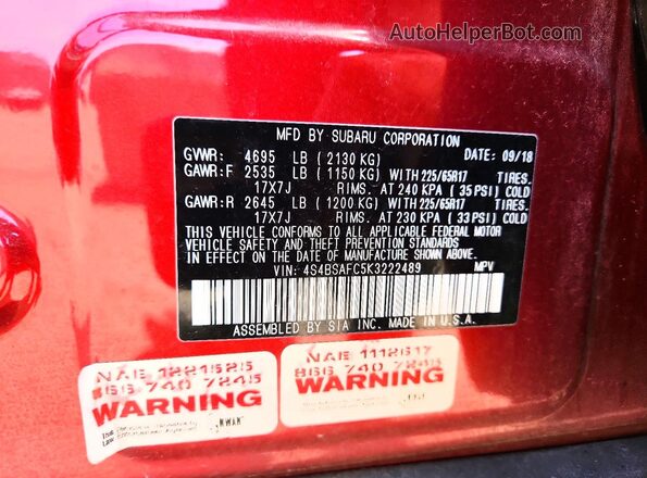4S4BSAFC5K3222489 2019 SUBARU OUTBACK Red Vista de la etiqueta del VIN
