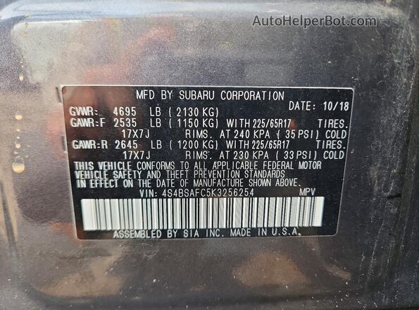 4S4BSAFC5K3256254 2019 SUBARU OUTBACK Charcoal Engine compartment view