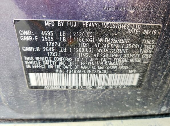 4S4BSAFC6H3236295 2017 SUBARU OUTBACK Blue Widok naklejki z numerem VIN