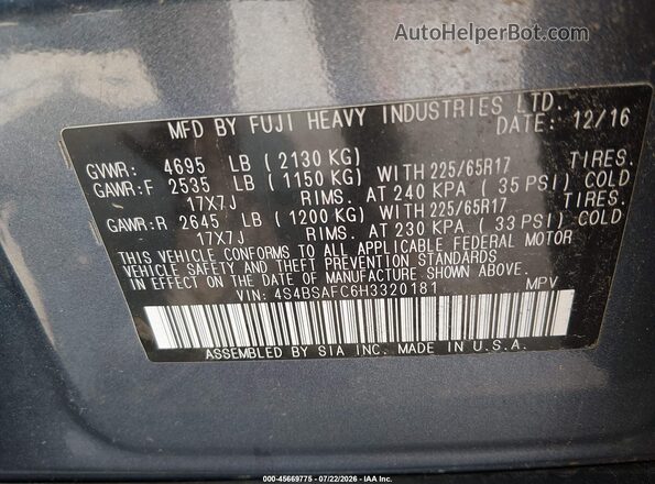 4S4BSAFC6H3320181 2017 SUBARU OUTBACK Синий Вид подкапотного пространства