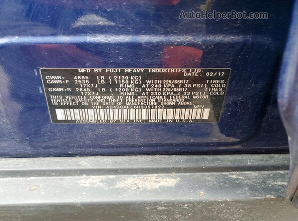 4S4BSAFC6H3357022 2017 SUBARU OUTBACK Серебряный Вид наклейки с VIN-кодом