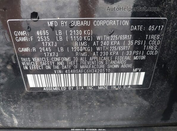 4S4BSAFC6H3420510 2017 SUBARU OUTBACK Black ძრავის განყოფილების ხედი