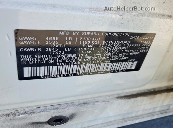 4S4BSAFC6J3219986 2018 SUBARU OUTBACK White სალონის 360-გრადუსიანი ხედი