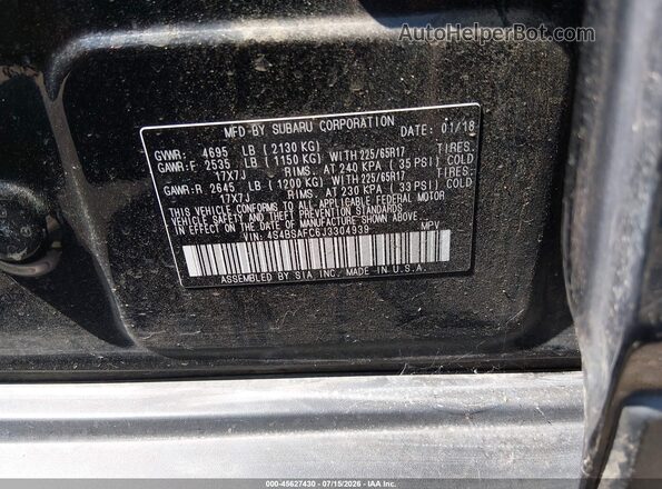 4S4BSAFC6J3304939 2018 SUBARU OUTBACK Black ძრავის განყოფილების ხედი