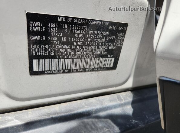 4S4BSAFC6J3390608 2018 SUBARU OUTBACK White Vista de la etiqueta del VIN