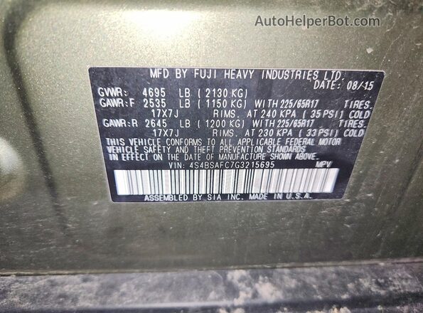 4S4BSAFC7G3215695 2016 SUBARU OUTBACK Green 360 interior view