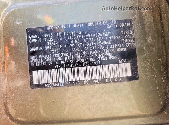 4S4BSAFC7H3261951 2017 SUBARU OUTBACK Green Вид наклейки з VIN-кодом