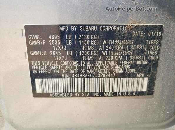 4S4BSAFC7J3289447 2018 SUBARU OUTBACK Silver VIN կոդի պիտակի տեսք