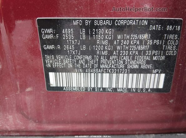 4S4BSAFC7K3217231 2019 SUBARU OUTBACK Red Widok komory silnika