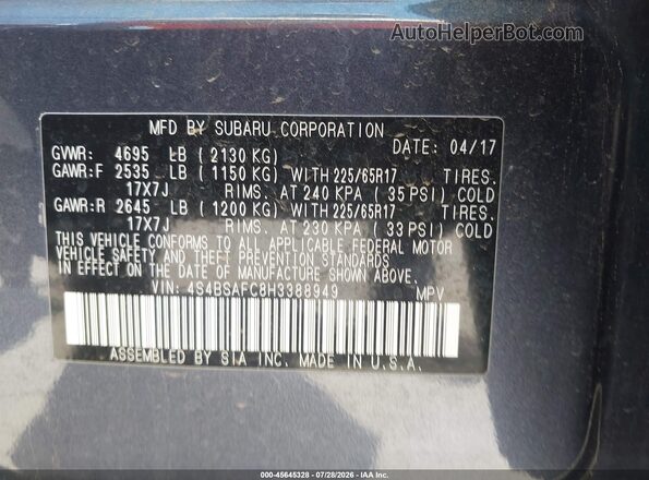 4S4BSAFC8H3388949 2017 SUBARU OUTBACK Dark Blue Widok komory silnika