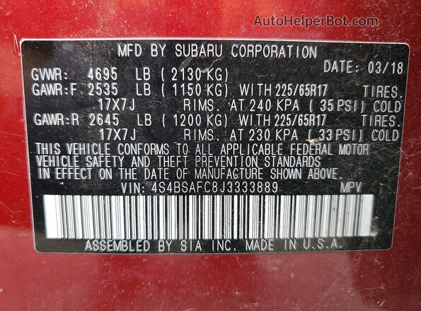 4S4BSAFC8J3333889 2018 SUBARU OUTBACK Burgundy ძრავის განყოფილების ხედი