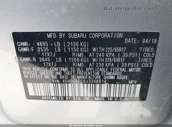 4S4BSAFC8J3348814 2018 SUBARU OUTBACK Silver Vista del compartimento del motor