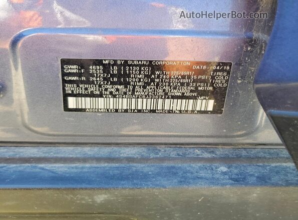 4S4BSAFC8J3362471 2018 SUBARU OUTBACK Синий Вид наклейки с VIN-кодом