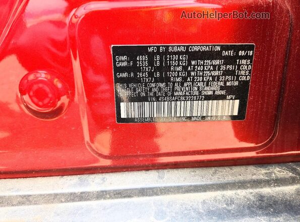 4S4BSAFC8K3228772 2019 SUBARU OUTBACK Burgundy VIN კოდის სტიკერის ხედი