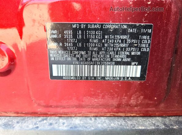 4S4BSAFC8K3259438 2019 SUBARU OUTBACK Красный Вид наклейки с VIN-кодом